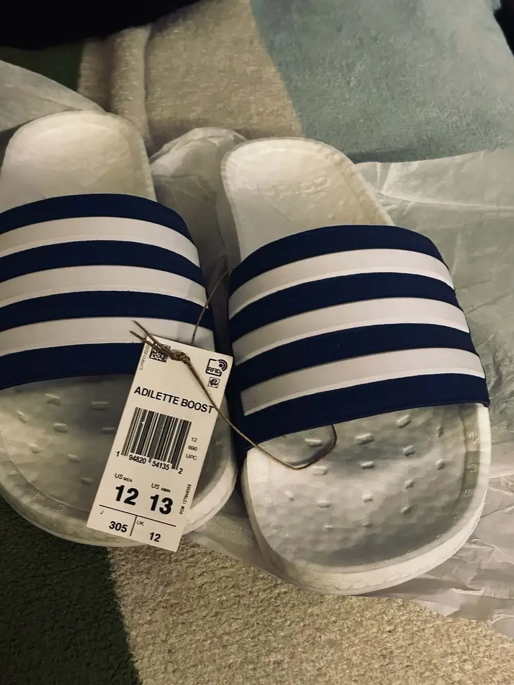 Adidas Adilette Boost Slides White and Blue Stripes